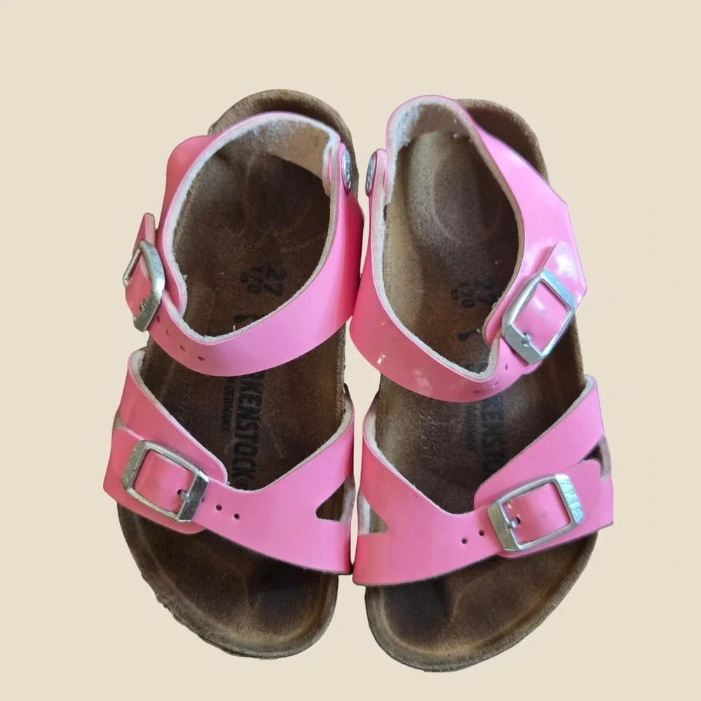 Birkenstock Rio Kids Pink Patent Birko-Flor Ankle Strap Sandals Size 27 EU 10 US